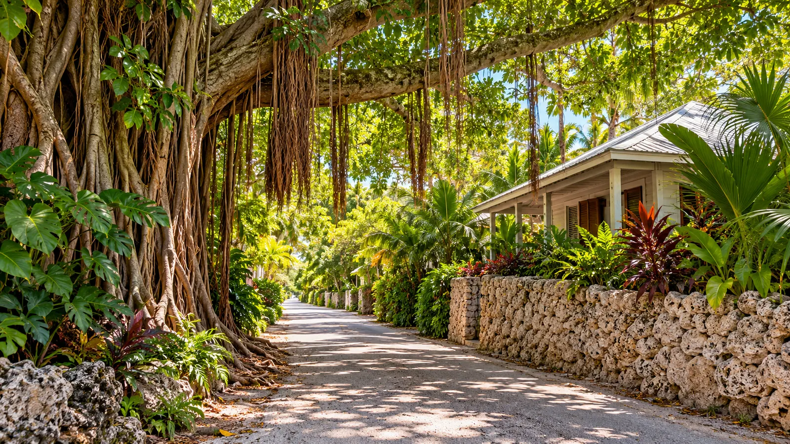 A narrow lane under a huge banyan tree with hanging aerial roots, a wooden bungalow behind a coral-rock wall