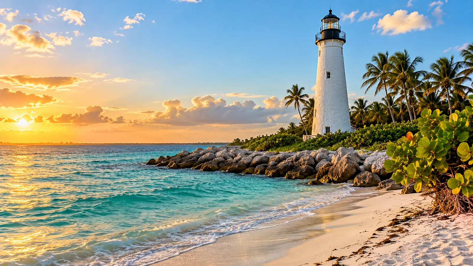 A white historic lighthouse at the tip of a quiet beach with sea grape bushes and calm turquoise water