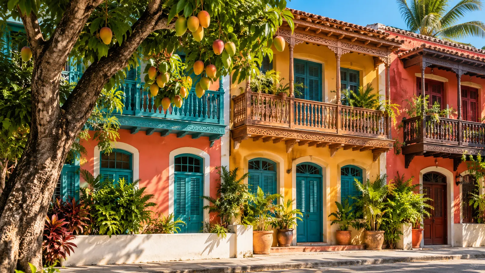 A colorful two-story building with carved wooden balconies and painted shutters in turquoise, yellow and red, a mango tree in front