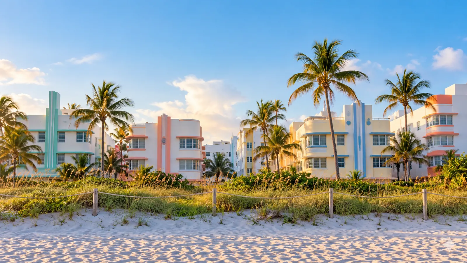 A row of pastel Art Deco low-rise buildings with rounded corners and eyebrow ledges behind a dune with sea oats, no signage at all
